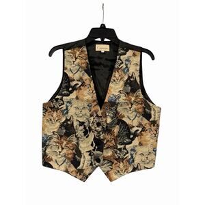 Vintage Conterio Cat Tapestry Embroidered Button Front Sleeveless Vest Size L